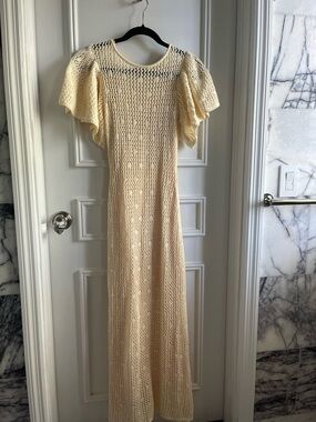 STAUD Cream Crochet Flutter-Sleeve Maxi Dress